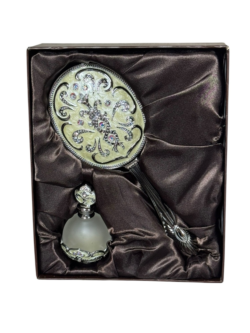 Argentosc  Ornate Jeweled Hand Mirror and Perfume Bottle Set - Silver & Cream